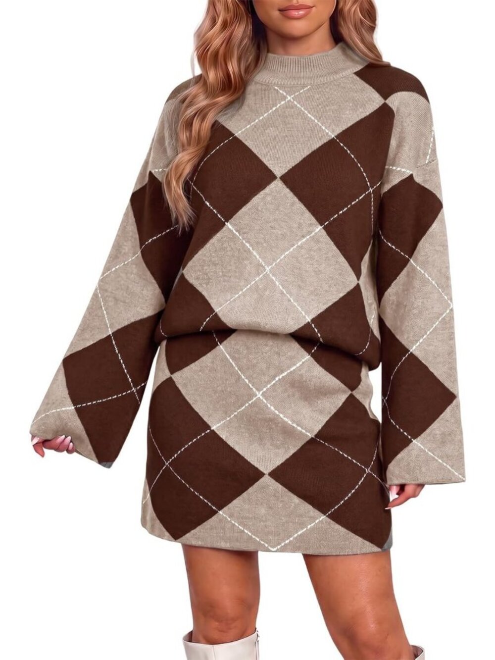 Cozy 2-Piece Argyle Sweater & Skirt Set for Fall | Casual Loose Fit Outfit